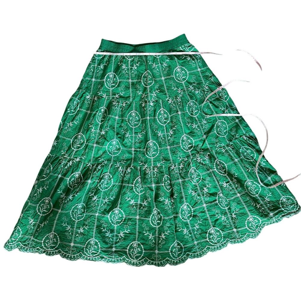 PINCH Green Embroidered Floral A-Line Midi Skirt 100% Cotton M